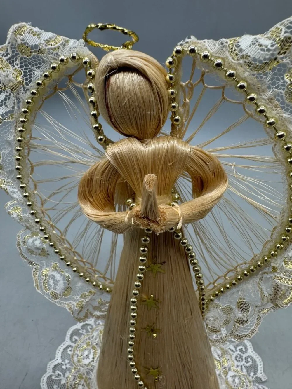 Handcrafted Straw & Lace Angel Figurine With Gold Bead Accents & Halo READ
